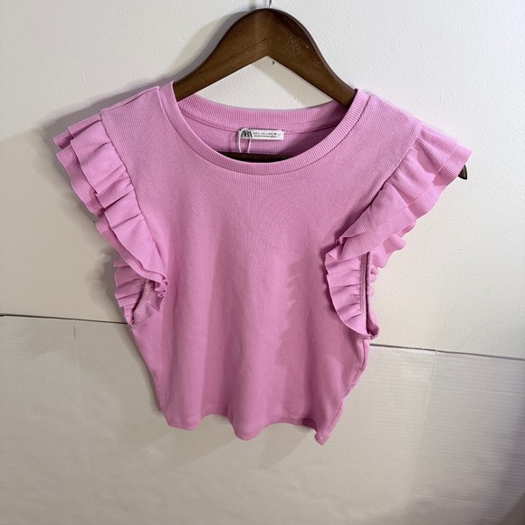 NWOT Zara Women's L Pink Ribbed Ruffle Sleeve Top Fitted Knit Shirt - Picture 4 of 9